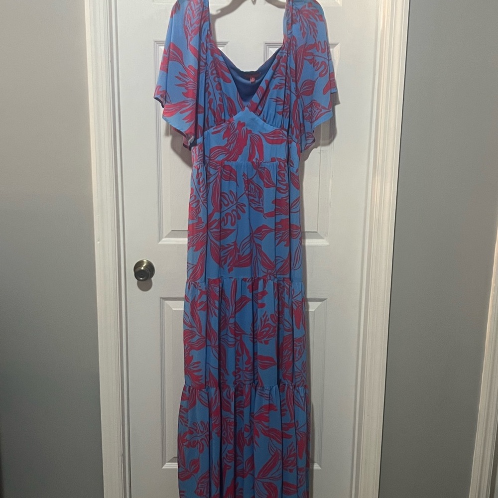 Flying Tomato Blue Maxi Dress with Pink Leaf Motif - Picture 2 of 6